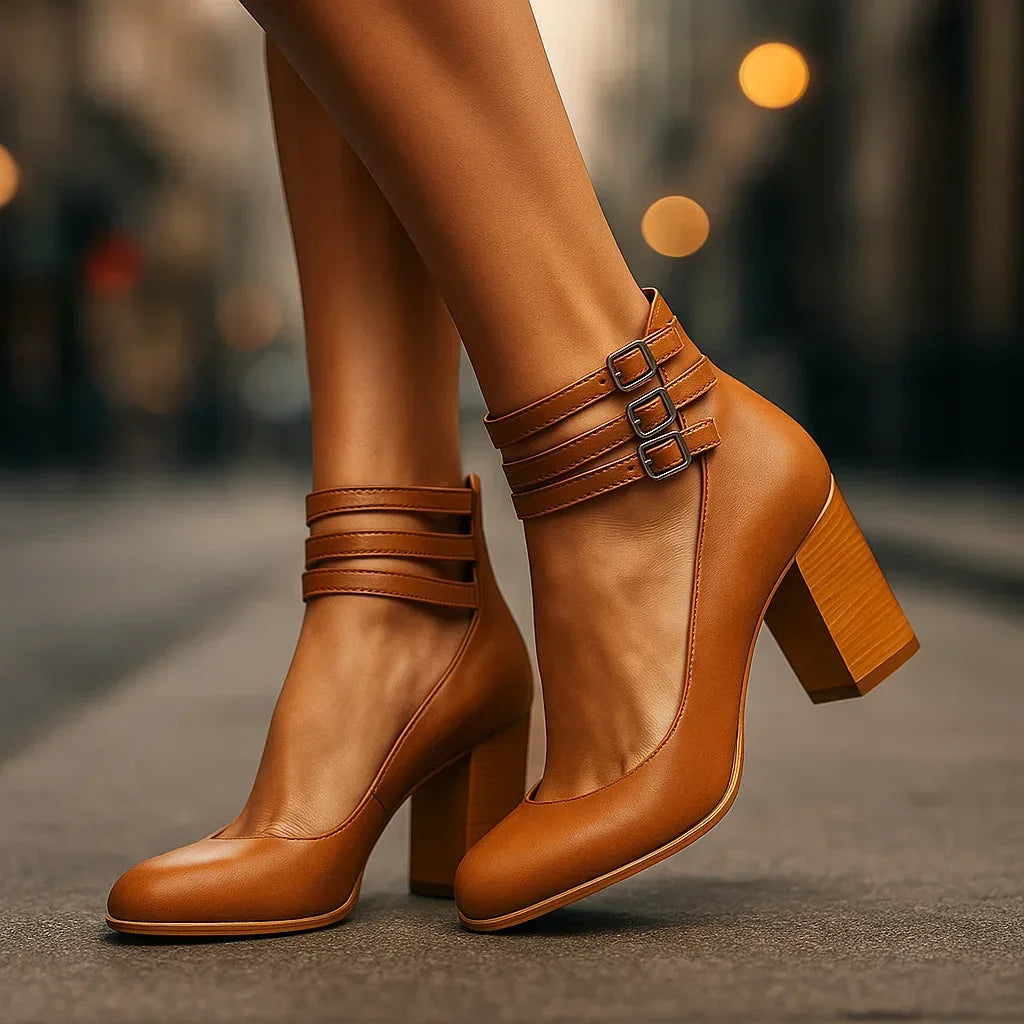 Block Heel Shoes with Triple Buckle Straps