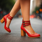 Block Heel Shoes with Triple Buckle Straps
