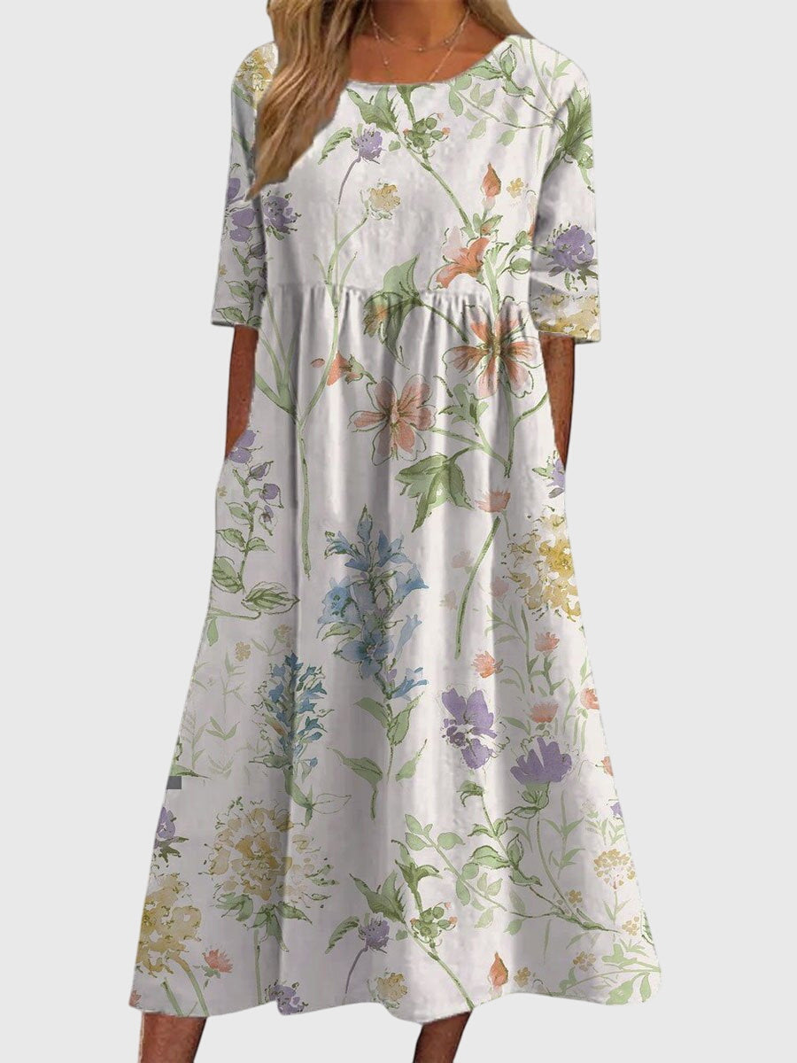 Flowing Dress with Ruched Detail and Embroidery