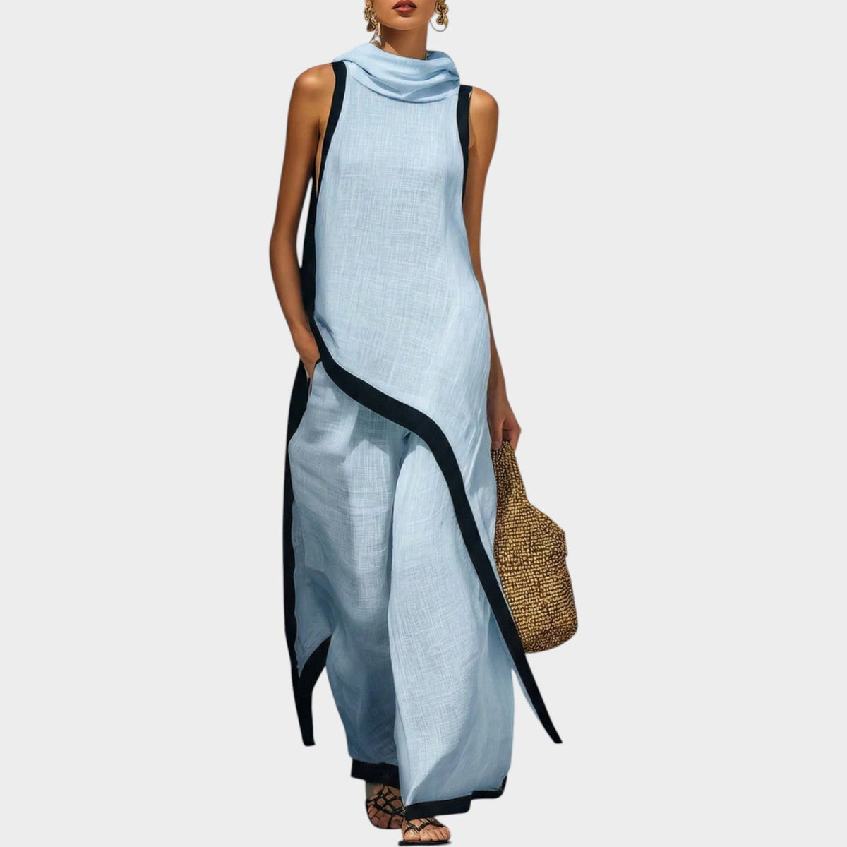 Asymmetric Two Piece Set with High Neck and Contrast Trim