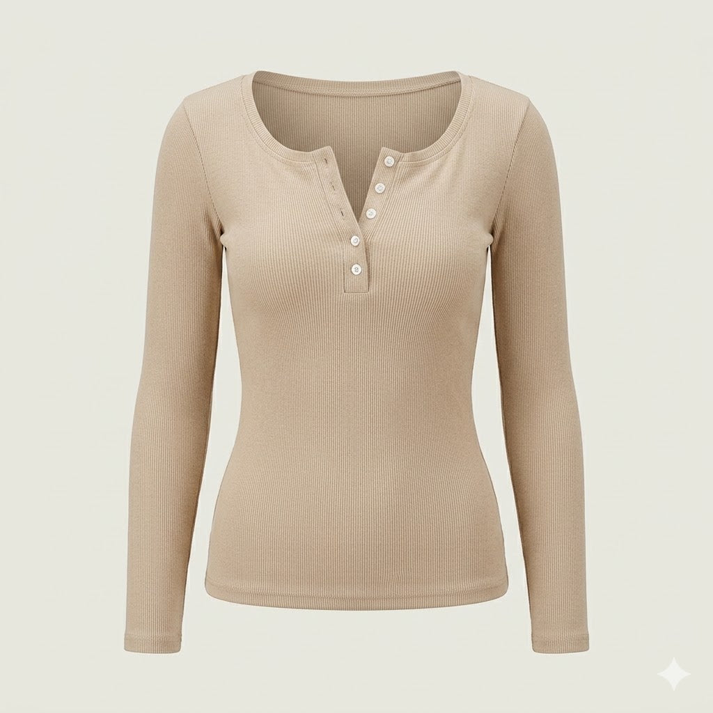 Ribbed Button Top with Long Sleeves and Slim Fit