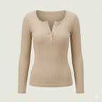 Ribbed Button Top with Long Sleeves and Slim Fit