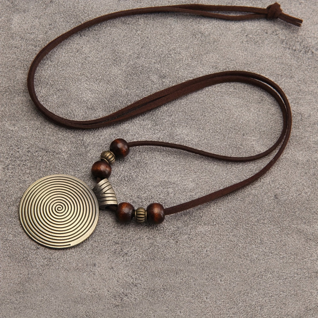 Vintage Zodiac Wooden Bead Pendant Necklace with Natural Texture