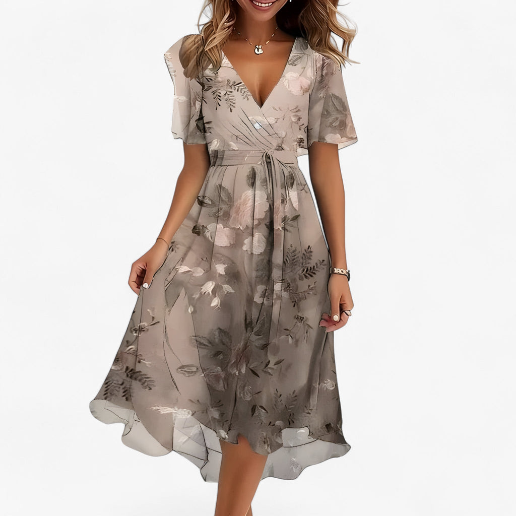 Neutral Floral Print Midi Dress with Flared Cut