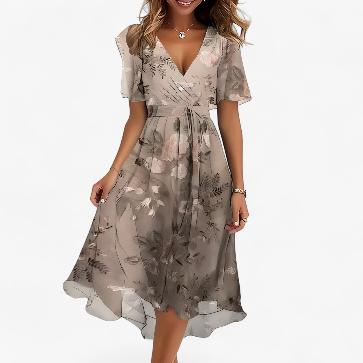Neutral Floral Print Midi Dress with Flared Cut