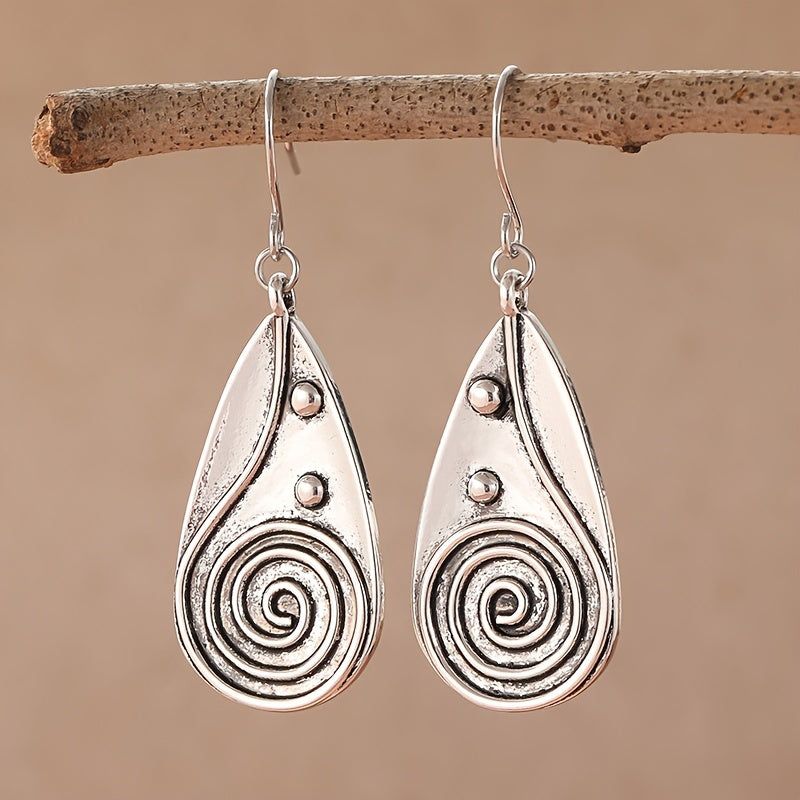 Vintage Spiral Teardrop Sun Earrings in Silver Colour