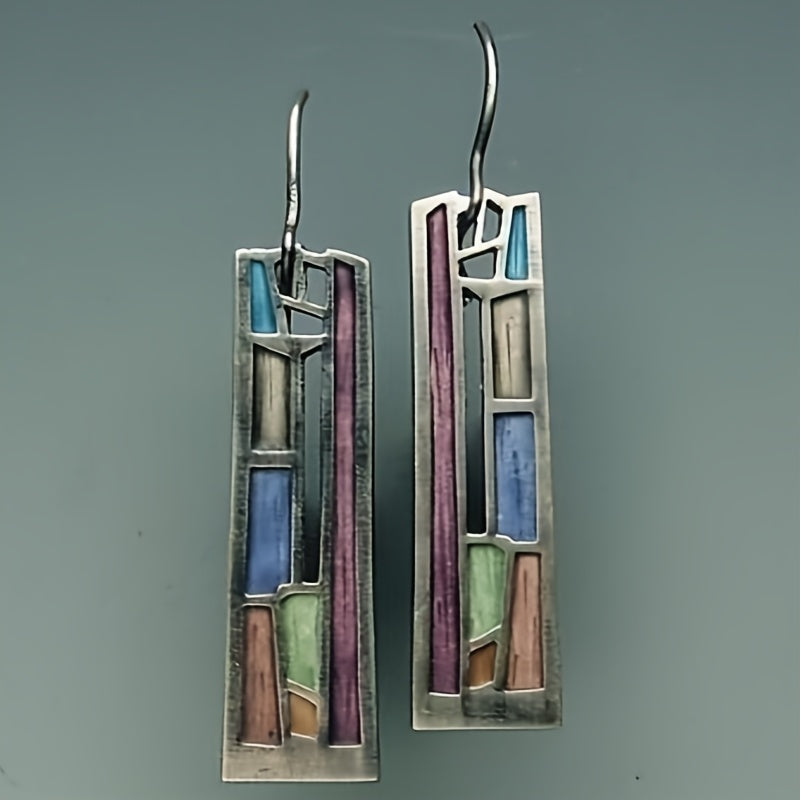 Vintage-Style Colourful Enamel Bar Earrings in Silver Colour