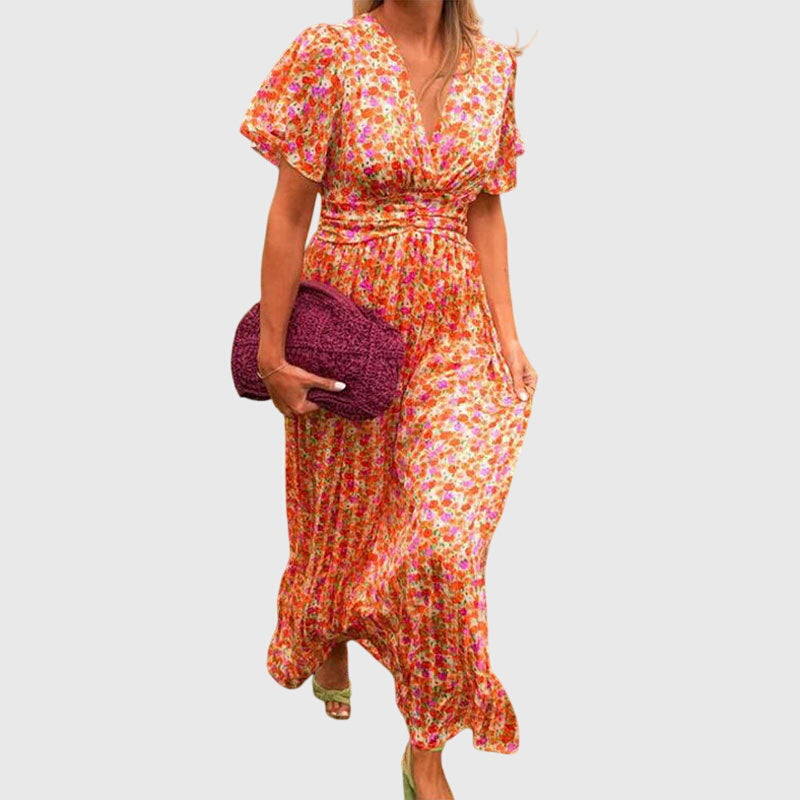 Floral V-Neck Summer Dress with Defined Waist