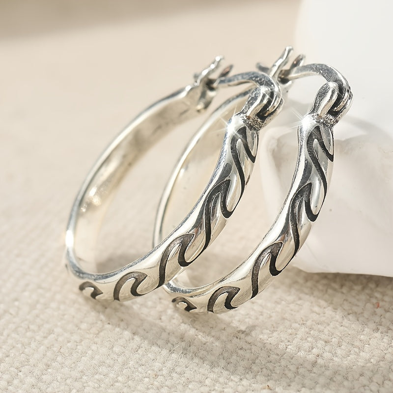 Vintage Textured Boho Hoop Earrings in Silver Colour