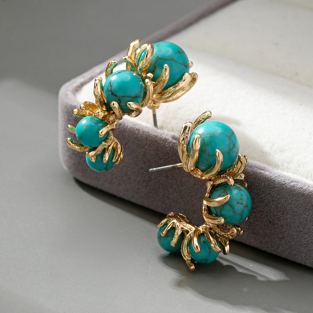 Vintage Blue-Green Beaded Flower Earrings with Boho Feel