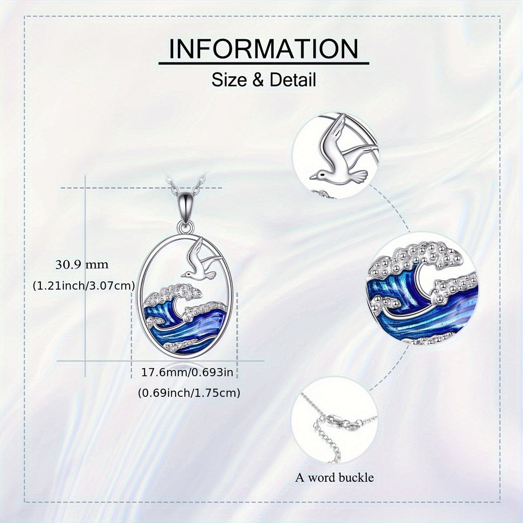 Ocean Wave and Seagull Pendant Necklace in Silver Colour