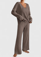 Ribbed Knit Lounge Set with V-Neck Top and Wide-Leg Trousers