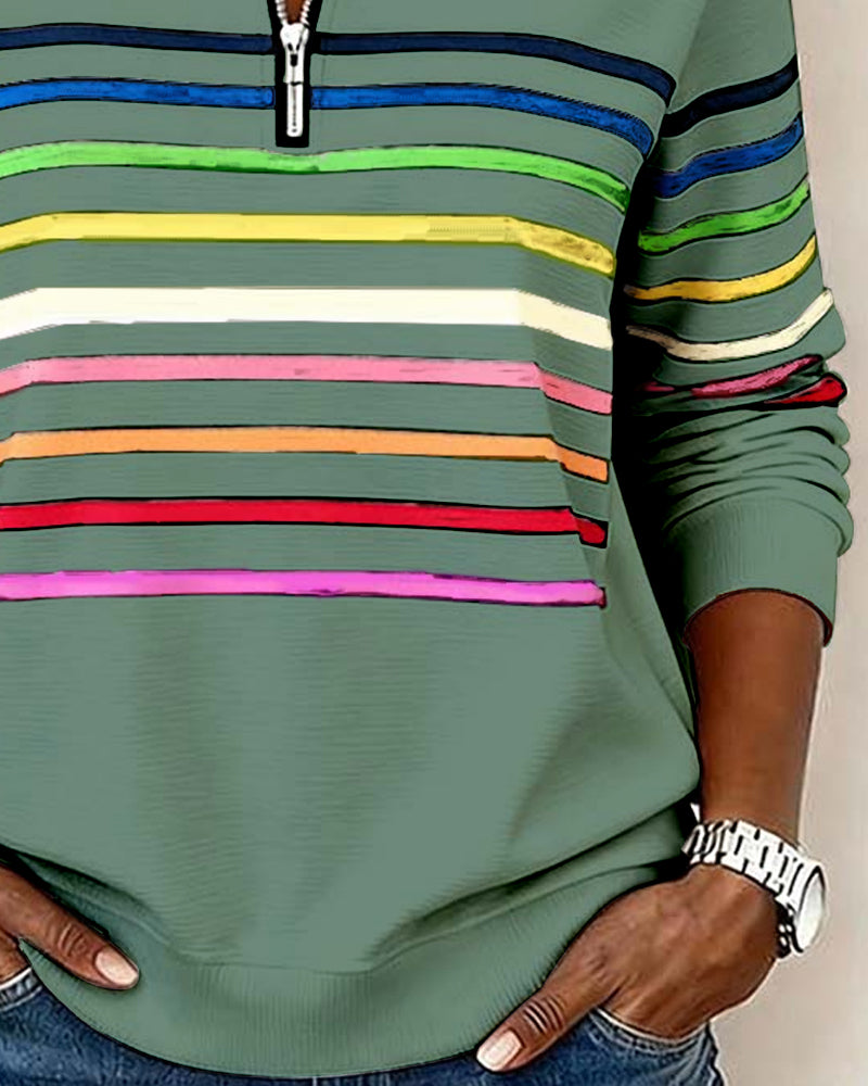 Half Zip Sweatshirt with Stand Collar and Stripe Detail