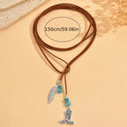 Vintage Bohemian Blue-Green Feather Pendant Layered Necklace