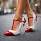 Patent Finish T-Strap Heels with Two Tone Design