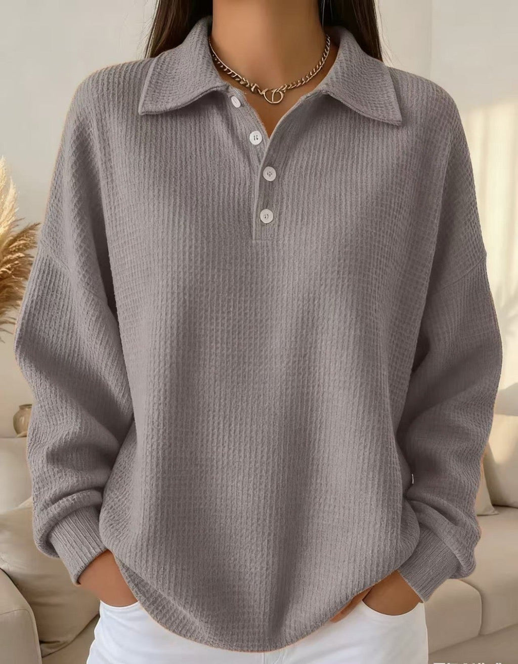 Polo Knit Jumper with Button Collar and Long Sleeves