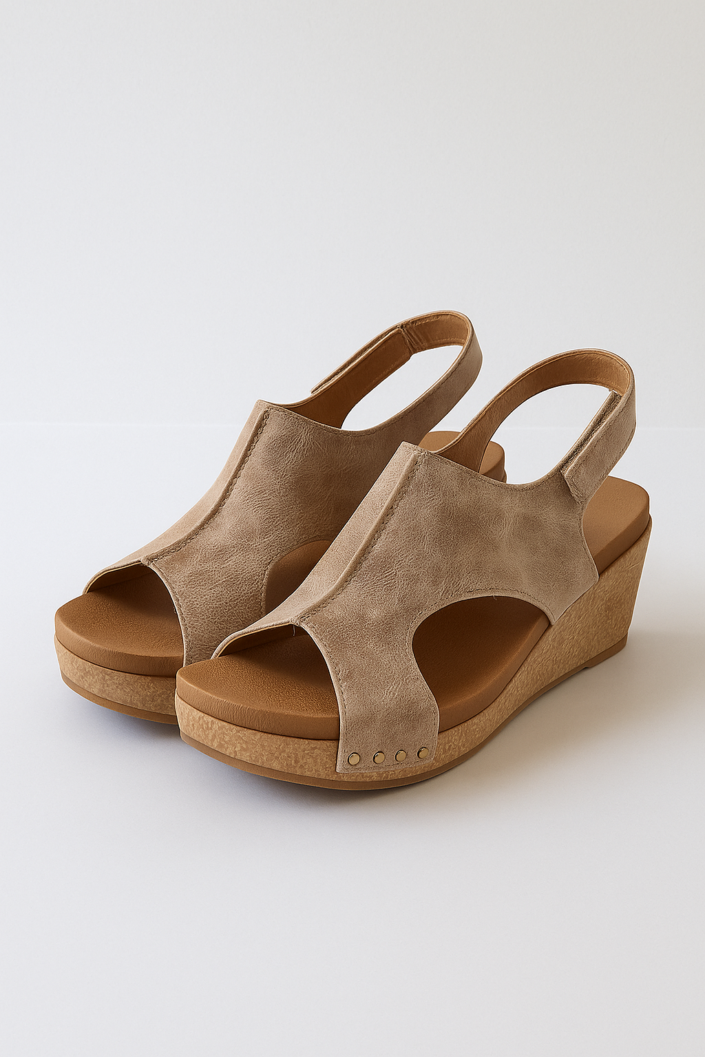 Suede-Look Wedge Sandals with Cork-Look Sole and Ankle Strap