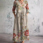 Boho Floral Midi Dress with V Neckline
