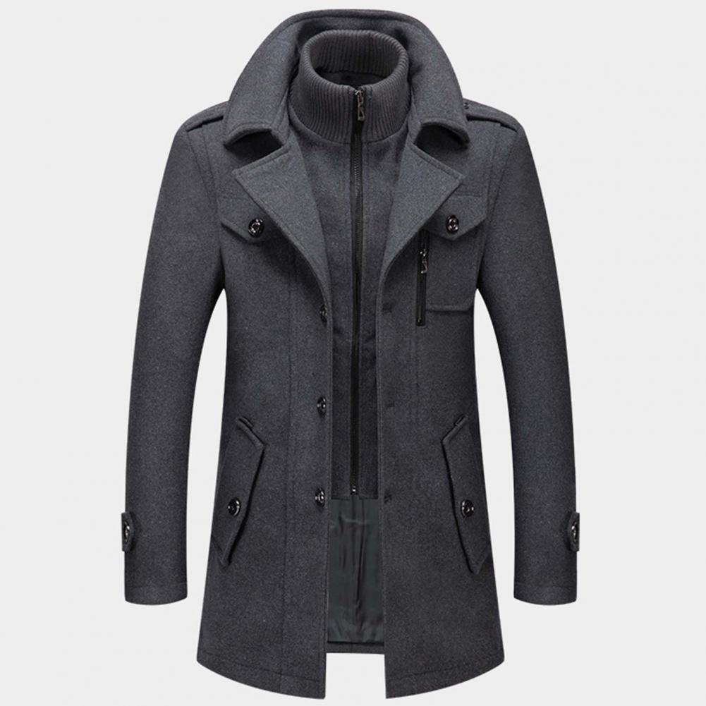 Long Double-Layer Winter Coat with a Styled Collar for Men