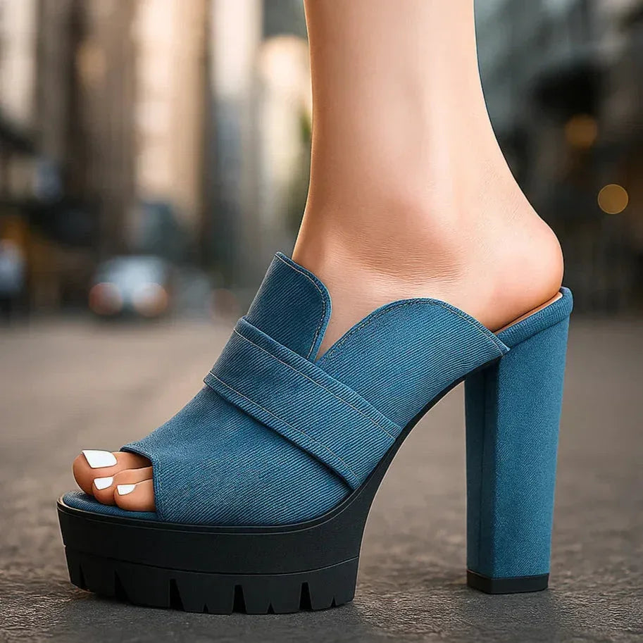 Tacones de vaquero lavado con tacón ancho robusto