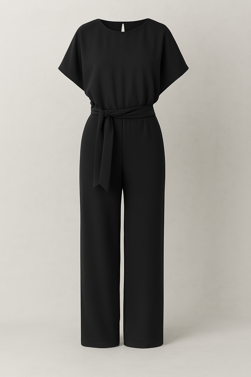 Wide-Leg Jumpsuit with Waist Belt and Draped Sleeves
