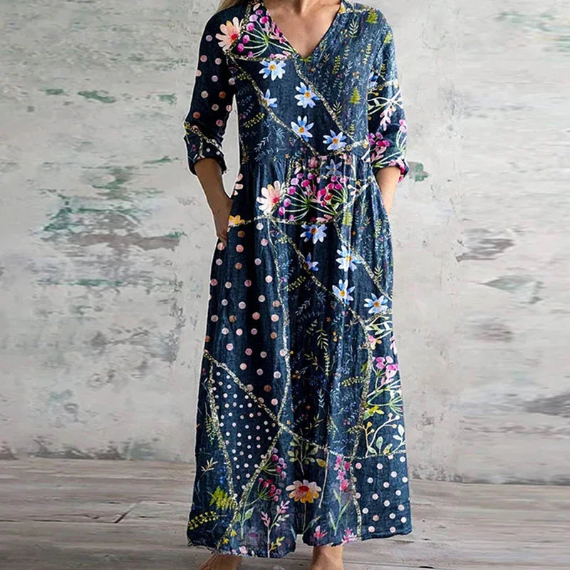 Boho Floral Midi Dress with V Neckline