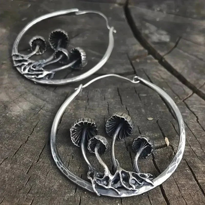 Bohemian Gothic Mushroom Drop Earrings with Nature Detail