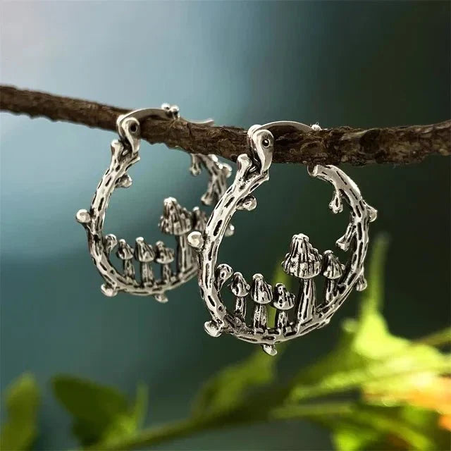 Bohemian Gothic Mushroom Drop Earrings with Nature Detail