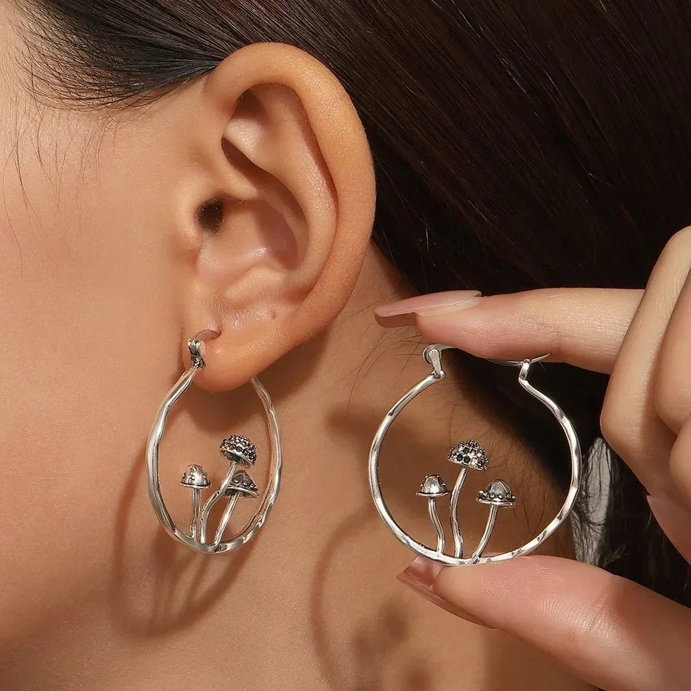 Bohemian Gothic Mushroom Drop Earrings with Nature Detail