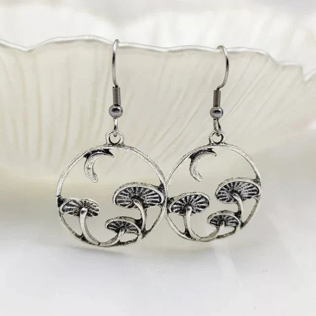 Bohemian Gothic Mushroom Drop Earrings with Nature Detail