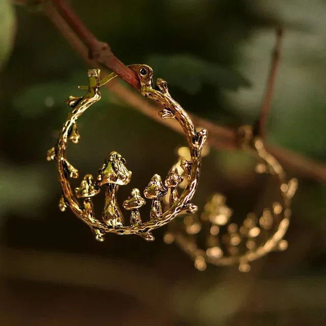 Bohemian Gothic Mushroom Drop Earrings with Nature Detail