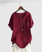 Short Sleeve Button Down Blouse with Round Neckline