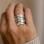 Thick Layered Wrap Ring with Bold Profile in Silver Colour