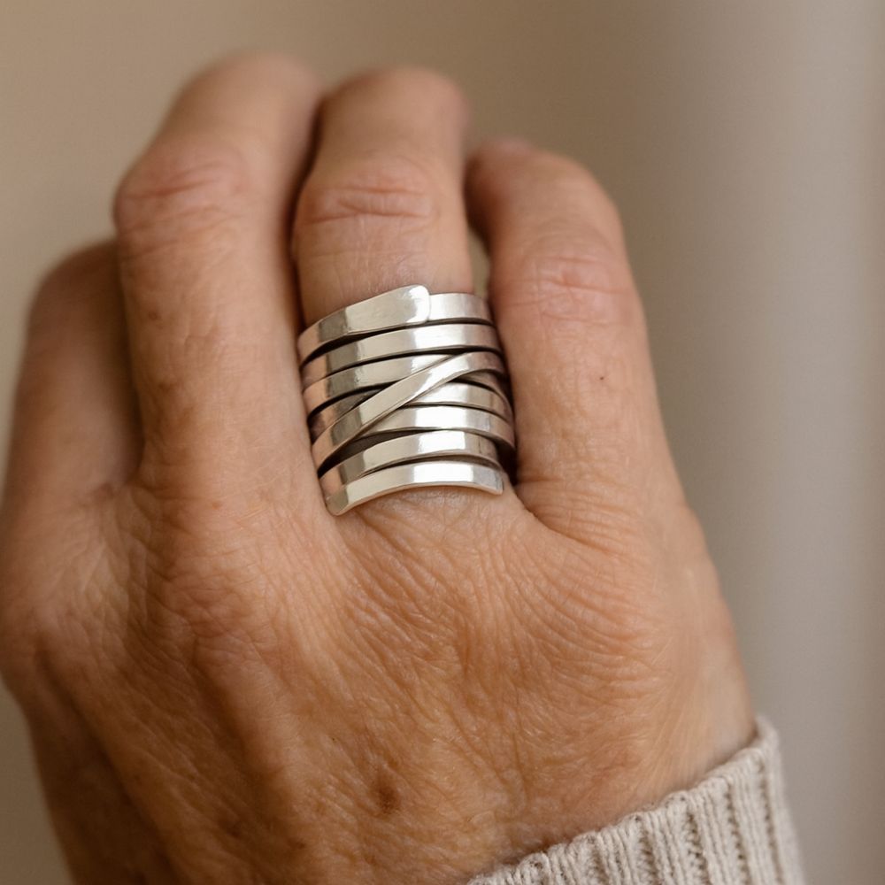Thick Layered Wrap Ring with Bold Profile in Silver Colour