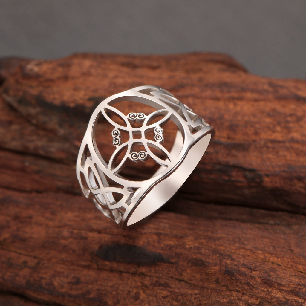 Celtic Cross Button Ring with Vintage Finish in Silver Colour
