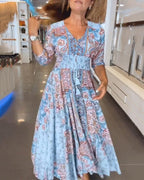 V-Neck A-Line Maxi Dress with Adjustable Tie Waist