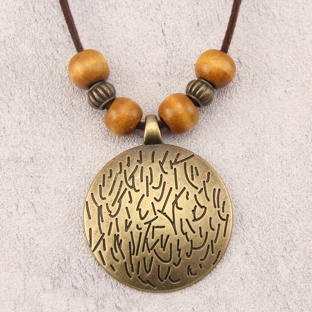 Vintage Zodiac Wooden Bead Pendant Necklace with Natural Texture