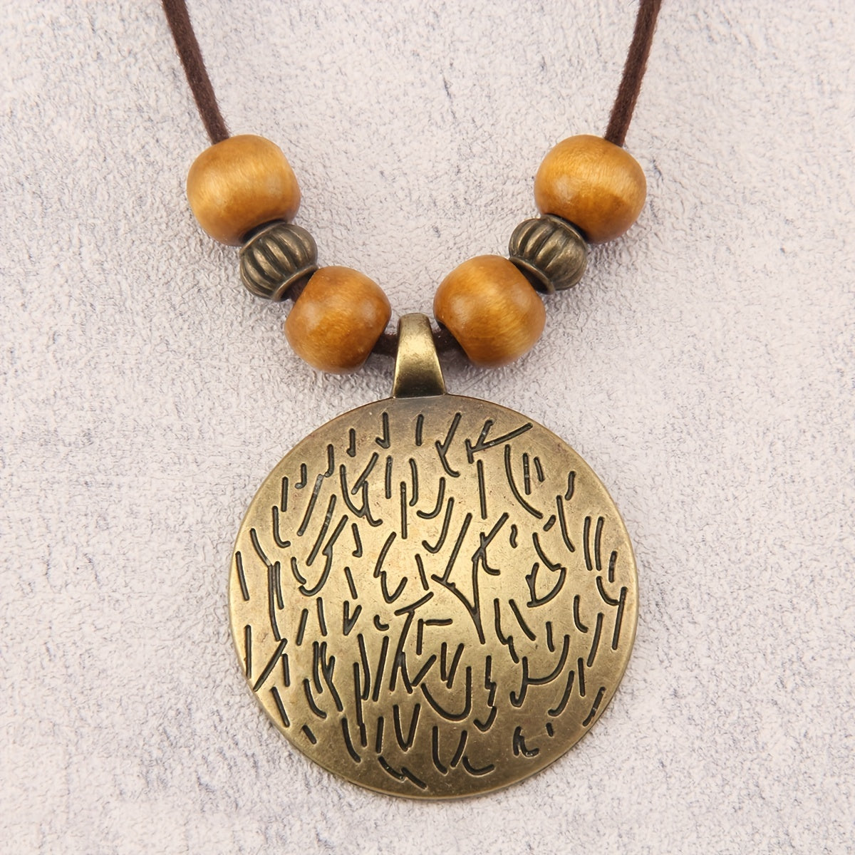 Vintage Zodiac Wooden Bead Pendant Necklace with Natural Texture
