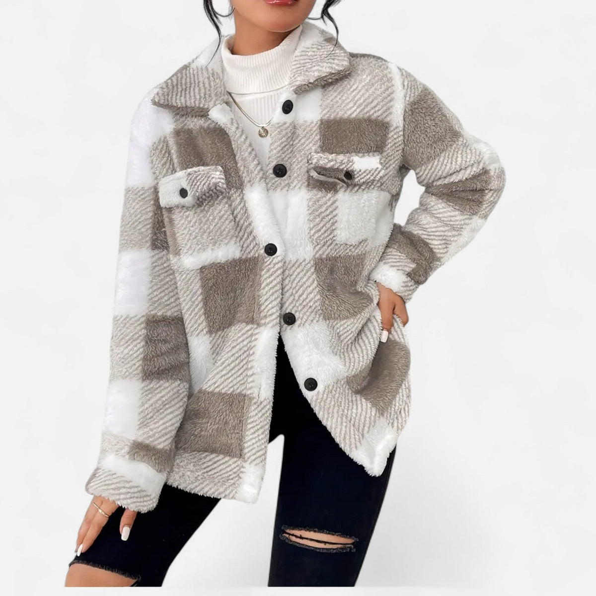 Checked Sherpa Jacket with Button Front and Oversized Fit