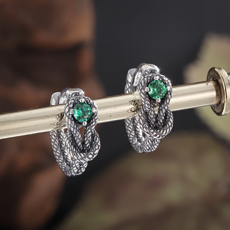 Vintage Green Cubic Zirconia Earrings in Silver Colour