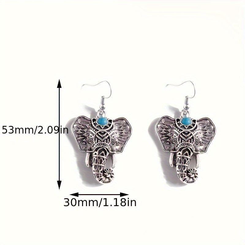 Blue-Green Stone Elephant Drop Earrings in Antique Silver Colour
