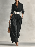 Belted Jumpsuit with Lapel Collar and Long Sleeves