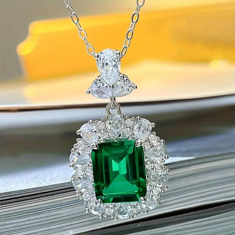 Green Cushion Stone Halo Pendant with Bow Bail and Vintage Charm