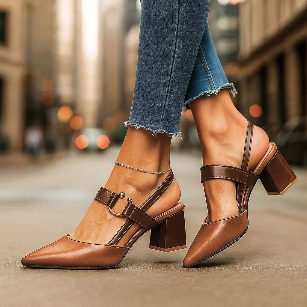 Block Heel Slingback Shoes with Gold Ring Detail