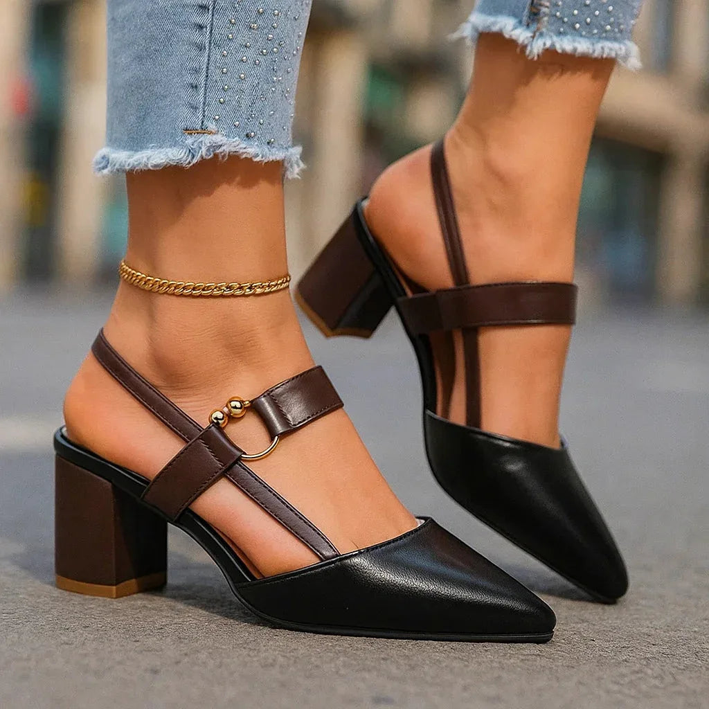 Block Heel Slingback Shoes with Gold Ring Detail