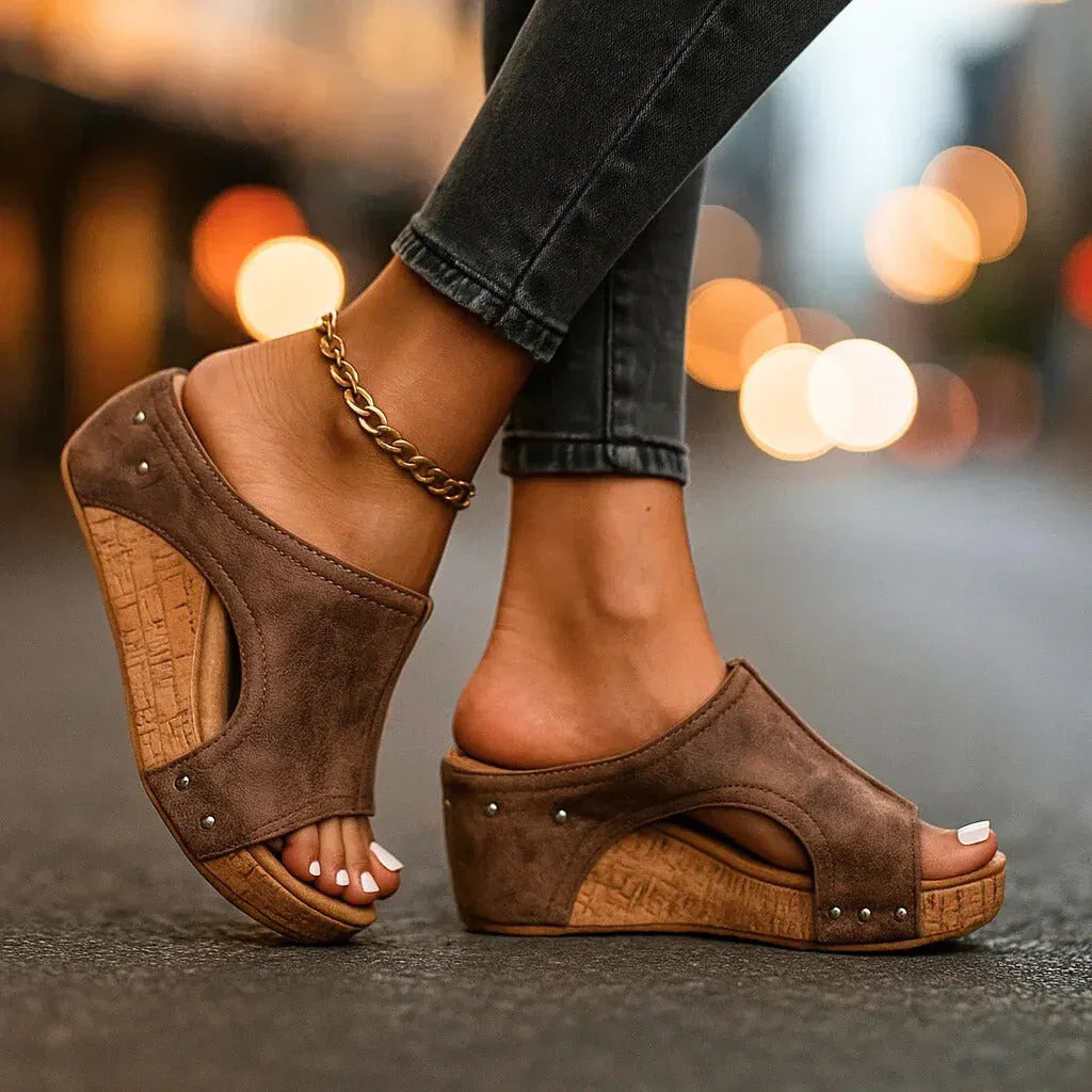 Cork Effect Wedge Sandals with Open Sided Slip On