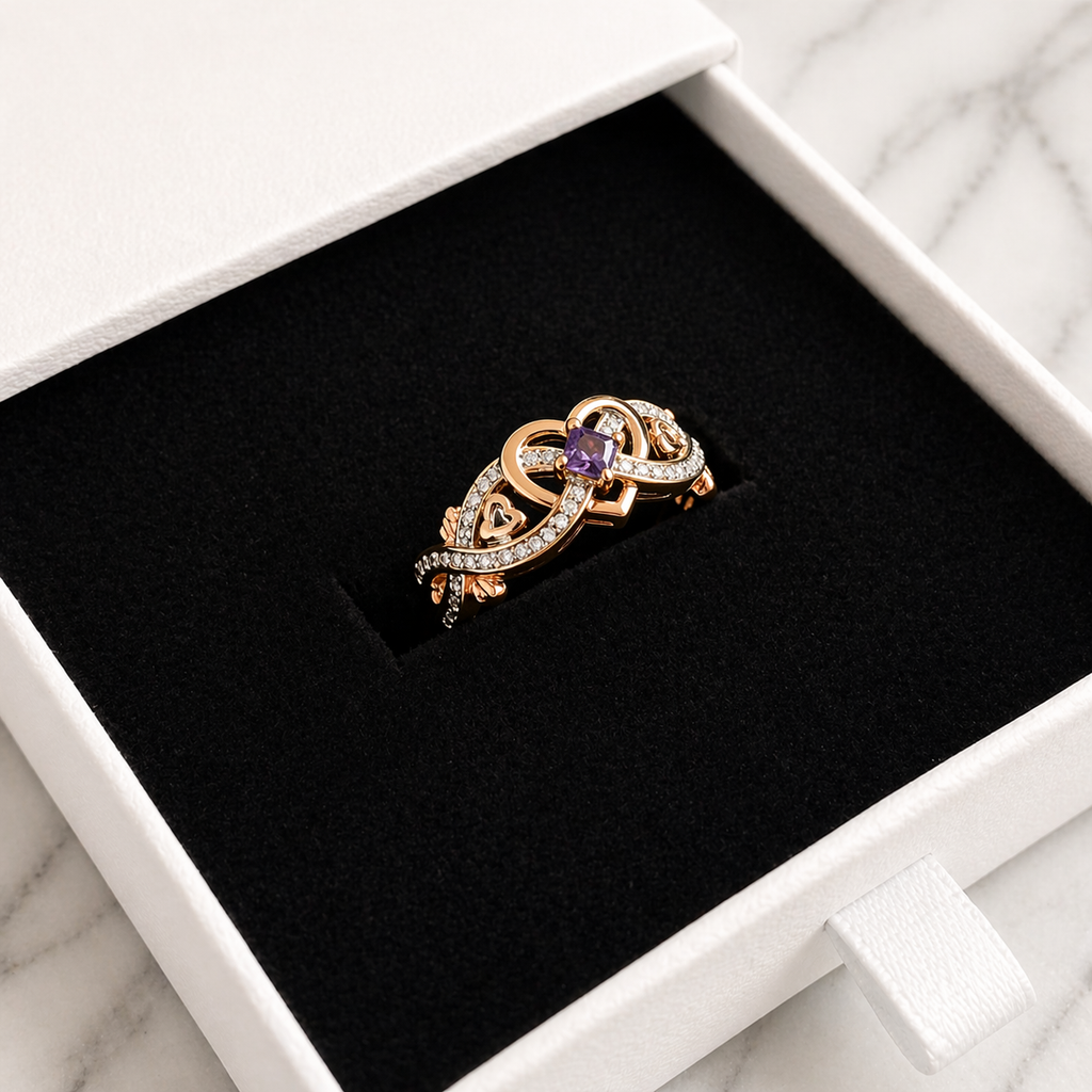 Ring med violett hjärta i blandade guldfärgade toner och romantisk form