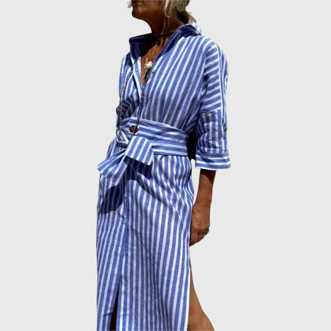 Striped Dress with Flowing Cut and Pockets