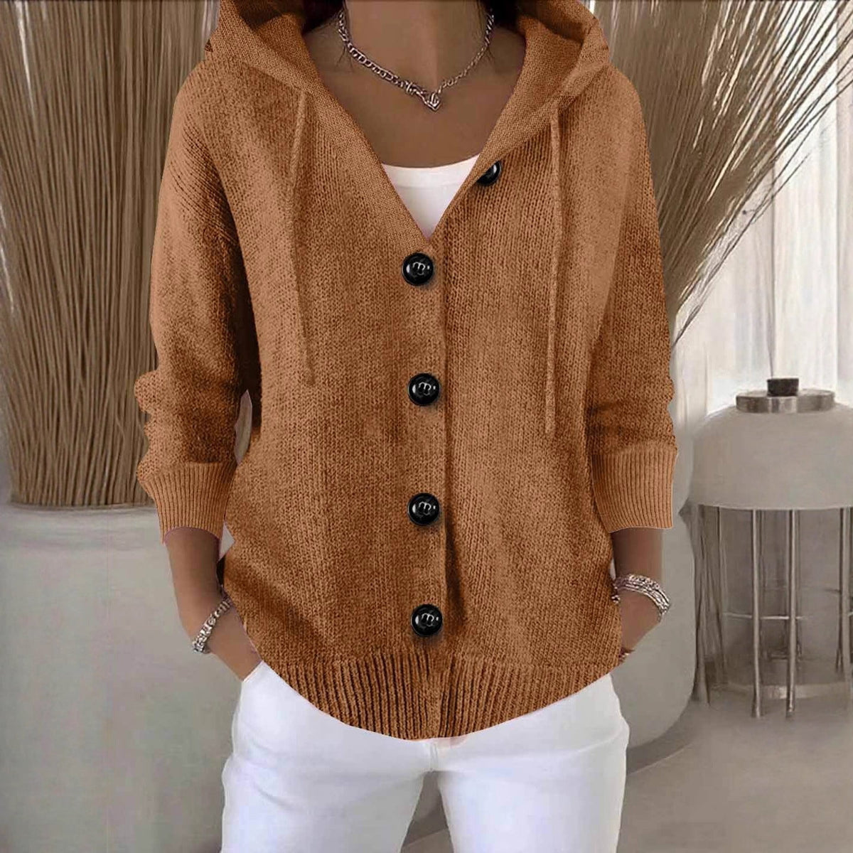 Hooded Knit Cardigan with Front Buttons