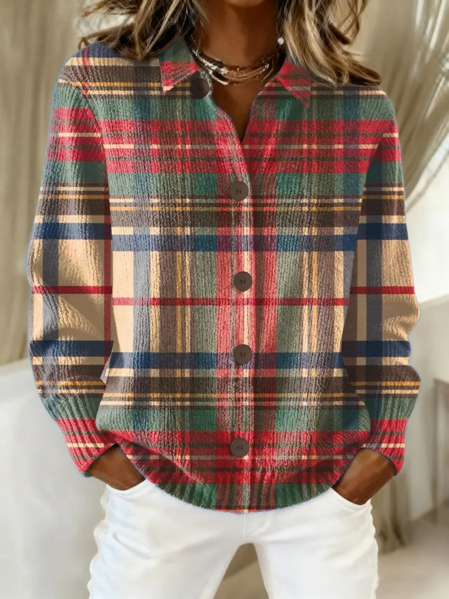 Checked Cotton Flannel Blouse with Collar